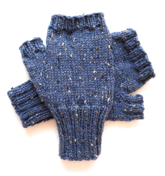 Blue Tweed Fingerless Gloves for Men, Teen Boys, Handknit Texting Gloves, Hand Warmers, winter gloves, Peruvian wool, men's mitts, size M/L