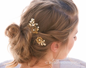 Wedding Hair Pins Large Vintage Golden Flower Bobby Pins with Gold Leaves and Pearls Hair Accessories, Brass Flower Bobbie Pins