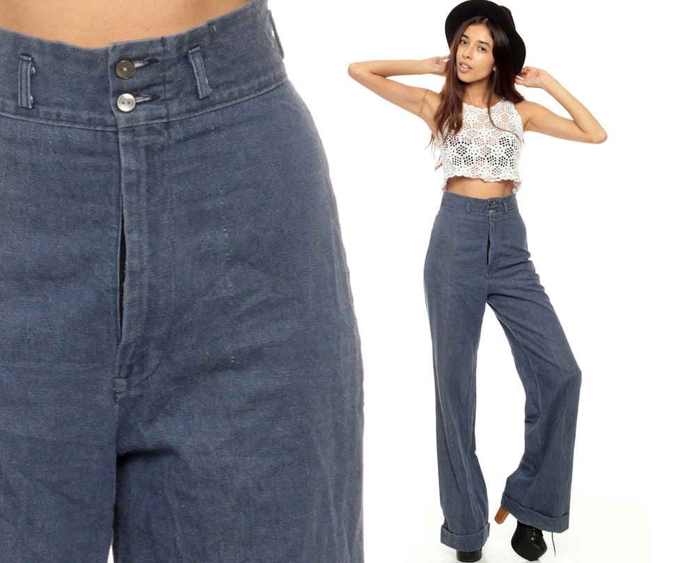 High Waisted Jeans 70s Wide Leg Denim Pants Bell Bottoms CUFF