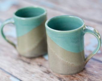 Set of 2 Large Handmade Ceramic Mugs -- Gray and Aqua blue -- 16 oz Hand crafted cup with two toned glaze