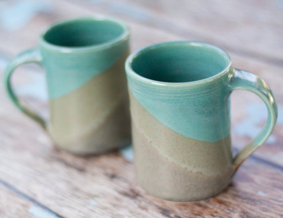 Set of 2 Large Handmade Ceramic Mugs Gray and Aqua blue