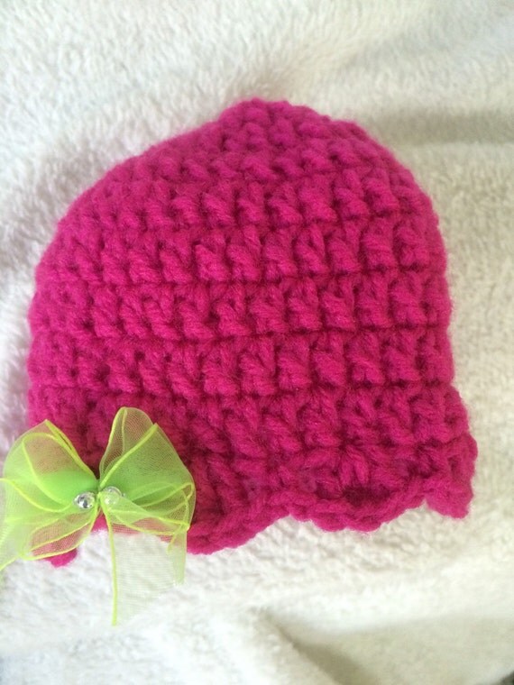 Items similar to Newborn Pink Crochet Beanie Hat with Scallop Edges and
