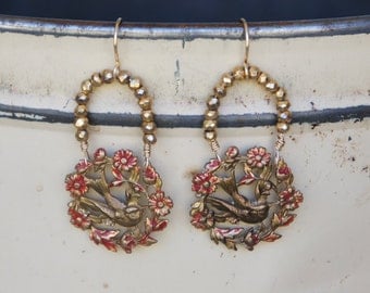 Antique Assemblage Earrings with Birds and Pyrite