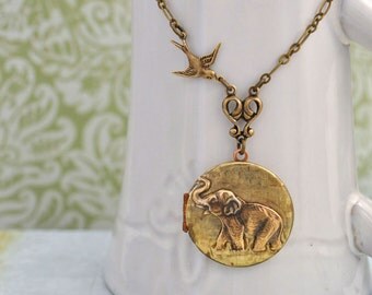 vintage elephant locket, BEST OF FRIENDS, baby elephant and sparrow bird vintage locket necklace antiqued brass long chain