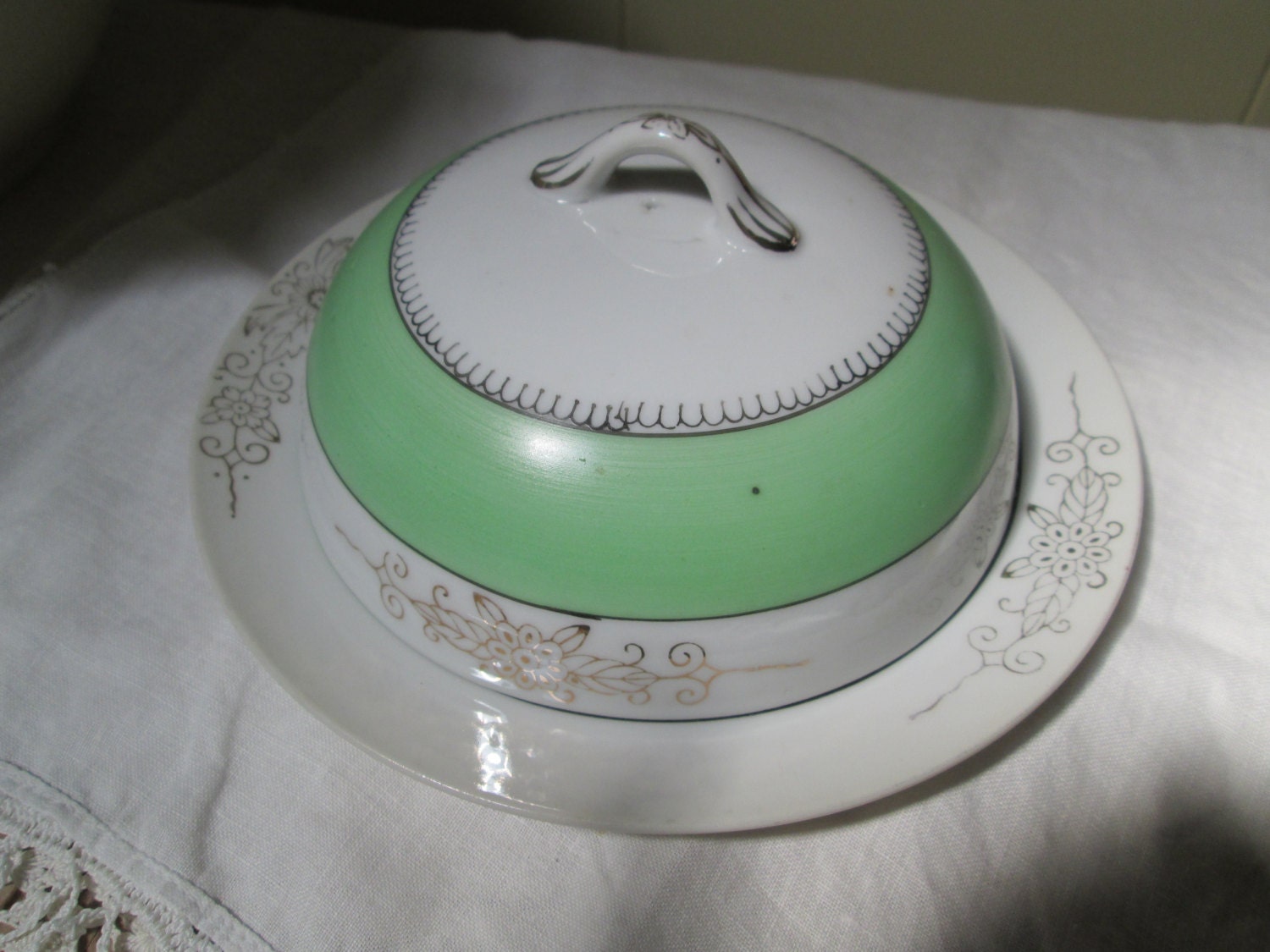 Vintage China Butter Dish Green Gold Butter by AntiquesPlus