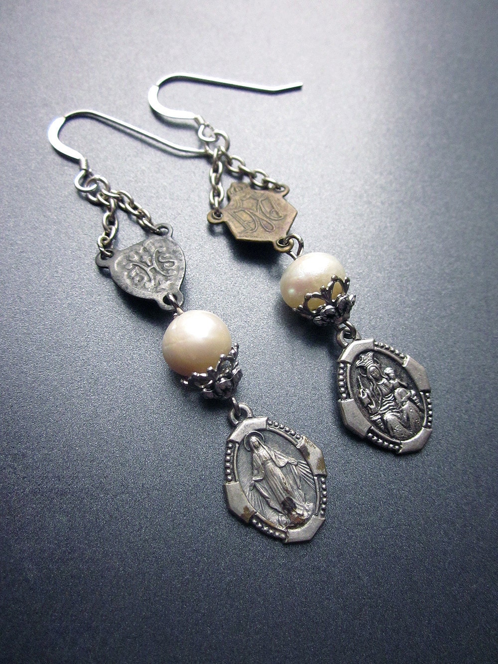Religious Assemblage Earrings with Vintage Medals and Pearls