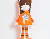 Autumn doll in orange and brown with leaves, mushrooms & acorns