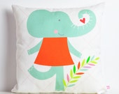 decorative throw pillow for kids room with miss Elephant in mint, white and carrot - 12 inch / 30 cm