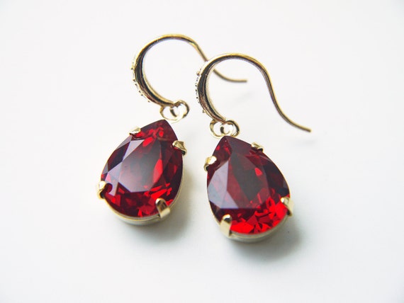 Ruby Red Swarovski Earrings Siam Crystal Teardrop Dangle