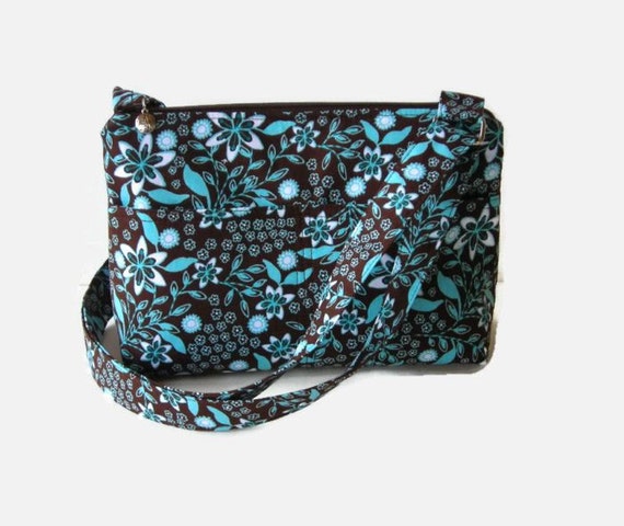 Brown Turquoise Fabric Small Cross Body Bag Zippered