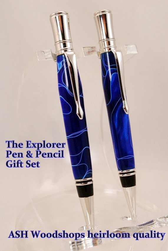 Twist Ballpoint Pen and Pencil Gift Set Handmade Rhodium