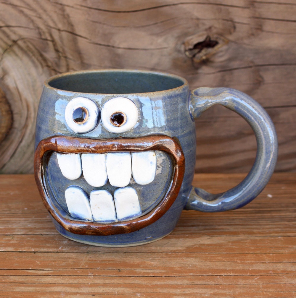 Funny Coffee Cup in Blue. Googly Eye Face Mug. Opinionated