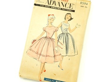 Vintage 1950s Girls Size 10 Party Dress and Slip Advance Sewing Pattern 8594 Complete / bust 29 waist 24