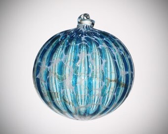 HAND BLOWN GLASS Christmas Ornament Suncatcher Ball Aqua Blue