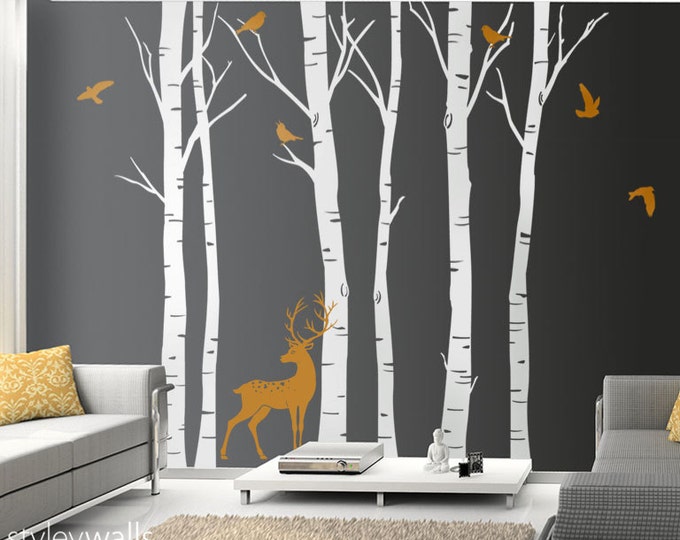 Birch Trees Wall Decal Winter Trees Wall Decal Deer Wall Decal Birds in Winter Nature Wall Decal Birch Tree Wall Decor, Forest Tree Sticker