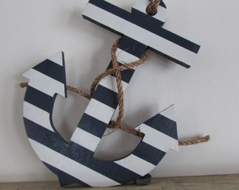 Nautical Wood Anchor. 12 inch Navy and White Striped Anchor. Wood Anchor. Hand Made Anchor. Made to Order