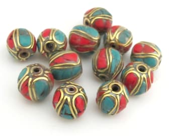 10 Beads - Nepal Brass beads with turquoise coral inlay - BD647