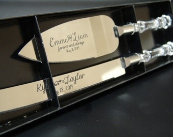 Engraved cake serving set for Weddings and Anniversary knife and server with faux crystal handles personalized for the bride and the groom