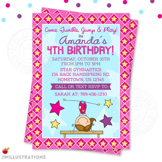 Gymnastic Stick Figure V1 Printable Party Invitation - 4x6 or 5x7 Custom Invitation, Girls Gymnastics Birthday Invitation Il_570xn