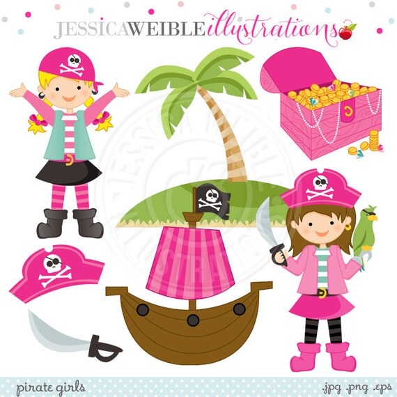 Pirate Girls Cute Digital Clipart - Commercial Use OK - Pirate Girl Clipart - Pink Pirate Clipart, Pirate Graphics Il_570xn