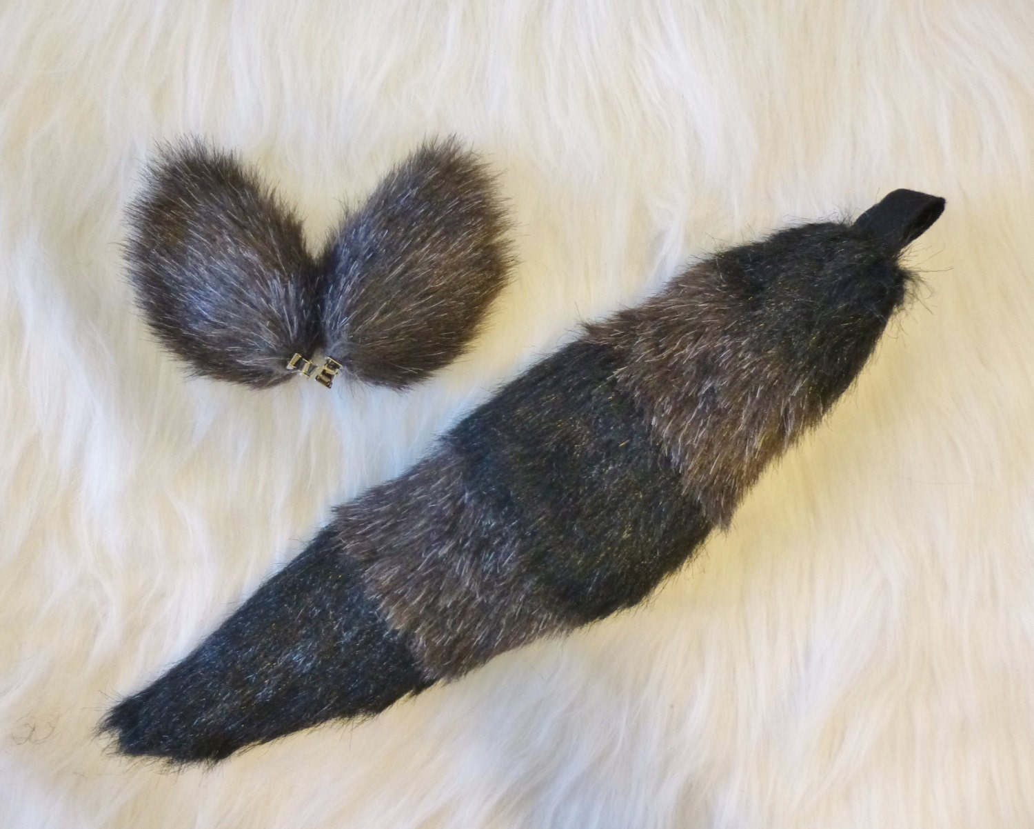 Rocket Racoon Tanuki Black and Brown Fur Ears and Tail Set