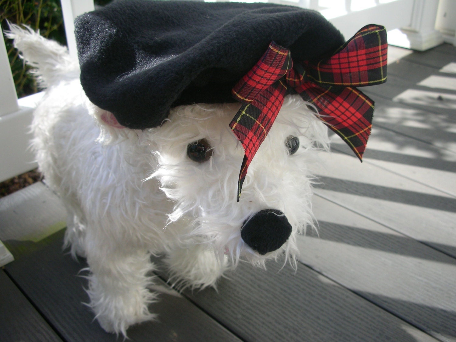 Black Fleece Dog Beret with red plaid bow Hats for dogs Dog