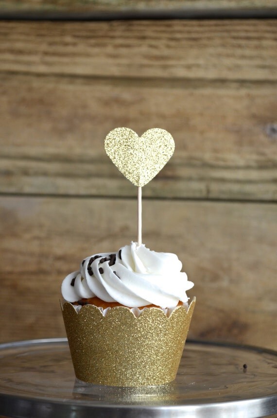 Glitter Heart Cupcake Toppers 12 bronze by ThePathLessTraveled