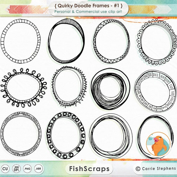 Quirky Doodle Frame ClipArt, Oval & Round Label Printable Logo Clip Art for Design, Circle Borders, Brushes + PNG Digital Stamp Il_570xn