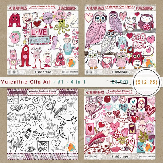 Valentine Clip Art - Monsters, Owls and Doodles - Special Offer - Digital Graphics Pack - Pink, Red & Purple Il_570xn