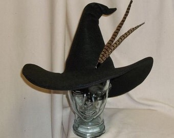 Professor McGonagall Witch Hat- Black Felt Hat with Wired Brim and Pheasant Feathers