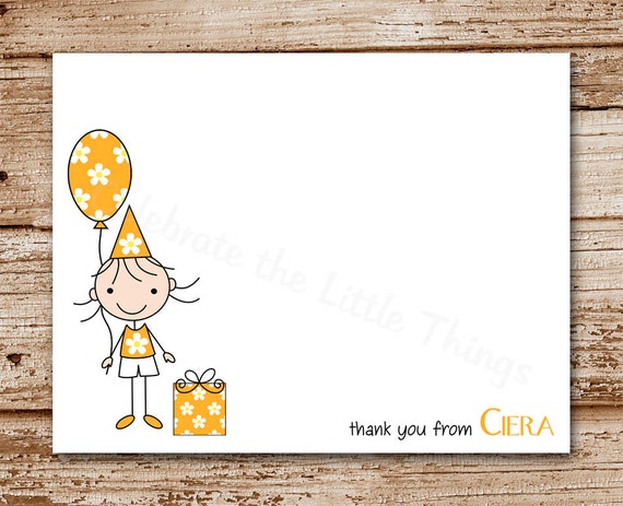 Set of 8 Birthday Thank You Cards for Girls | Personalized Note Cards, Notecards | Stick Kids, Figures | Color Choices Il_570xn