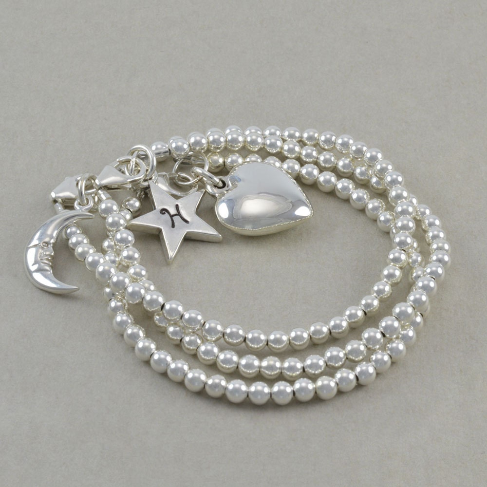 Stacking Set Sterling Silver Bracelets Moon by SixSistersBeadworks