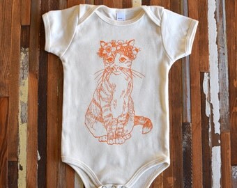 Organic Cotton Onesie - Screen Printed American Apparel Baby Onesie - Bodysuit - Baby One Piece - Cat - Kitty - Floral (You pick size)