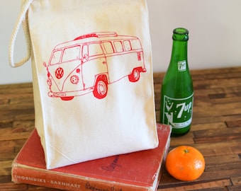 Reusable Lunch Bag - Screen Printed Recycled Cotton Lunch Bag - Eco Friendly Lunch Box - VW Bus - Canvas Tote Bag - Lunch Sack - Handmade