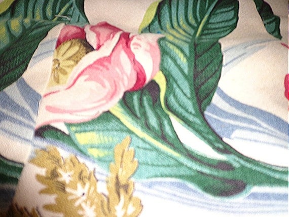 Vintage Tropical Barkcloth Quilt Leaves Fronds Pink Cottage Flowers Lap Robe Crib Quilt Throw