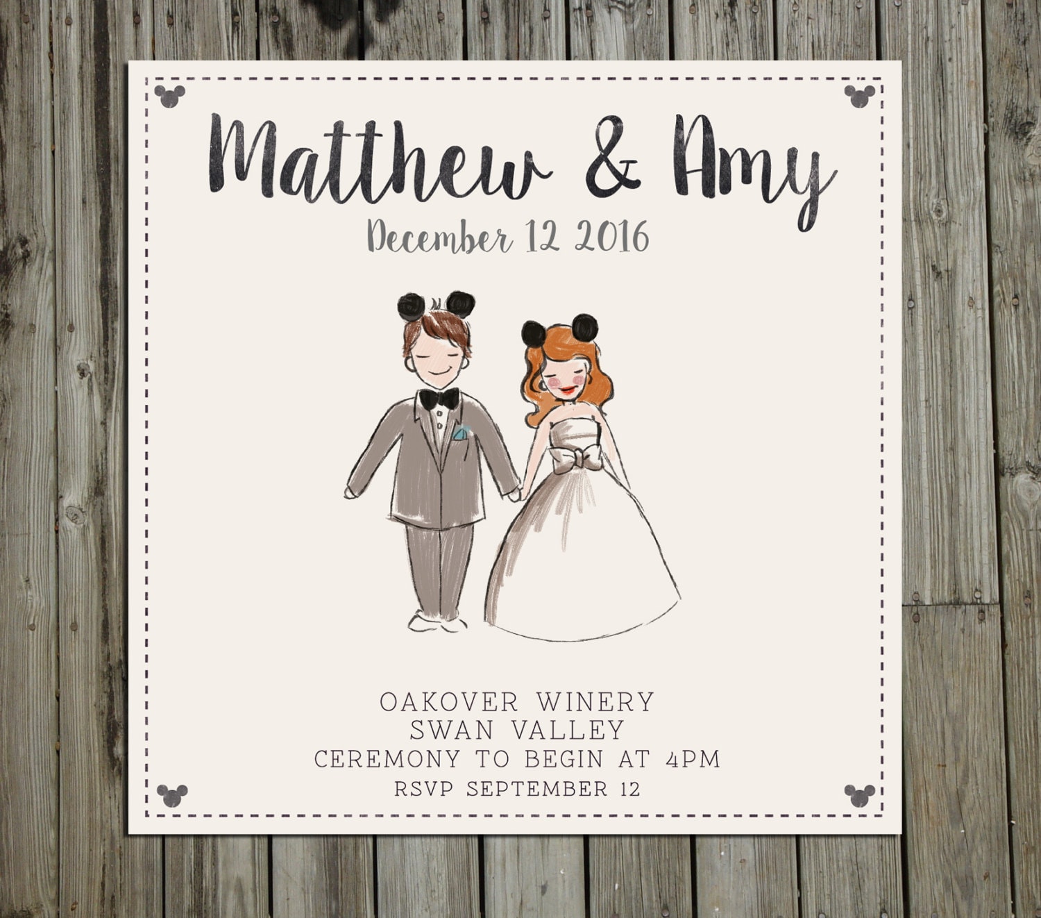 Custom Painted Disney Couple portrait Wedding Invitation