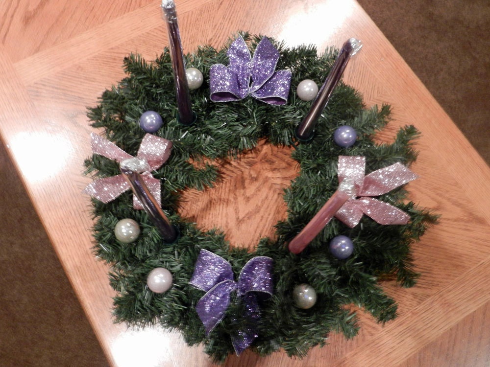 Christmas Advent Wreath Pink and purple glitter bows, purple, cream and pink Christmas balls( candles included)