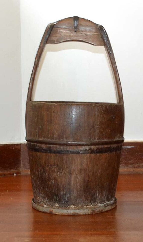 Antique Japanese Wood Water Bucket With Wrought Iron by warmalohas