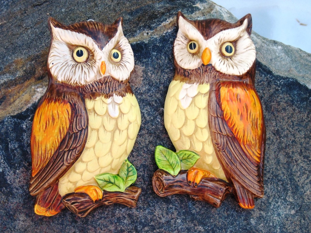 Vintage ceramic owls kitsch wall hanging 70s decor by urbanalpaca