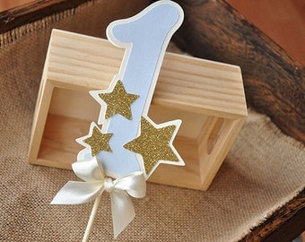 Twinkle Twinkle Little Star Cake Topper. Handcrafted in 2-3 Business Days. Pastel Blue Number Cake Topper with Glitter Accent Stars.