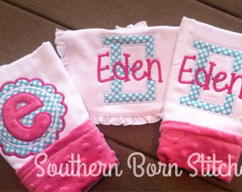 monogrammed baby girl bib and burp cloth set personalized with name