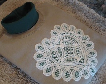 Battenburg Lace Embellished Khaki Sweatshirt with Forest Green Collar - Large