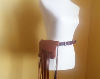 brown leather handbag, hip bag belt bag with fringe by Tuscada. Ready to ship.