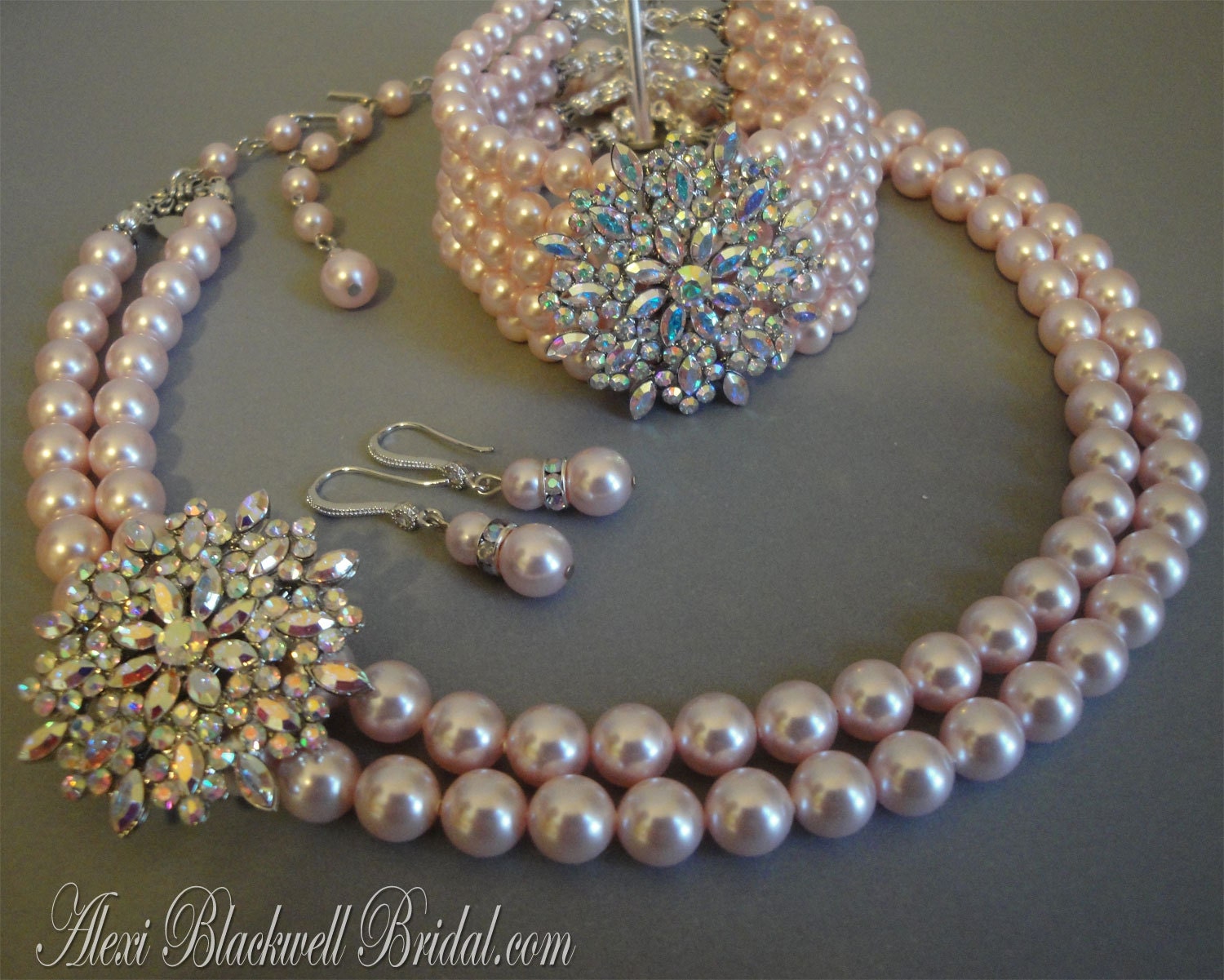 Complete Bridal Jewelry Set Blush Pink Pearl Necklace Bracelet