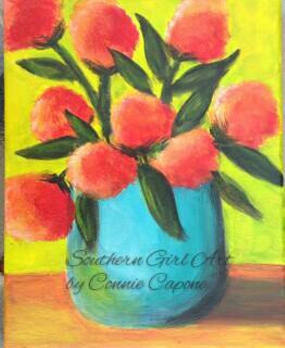 Pink flowers in teal vase acrylic painting on by SouthernGirlArt
