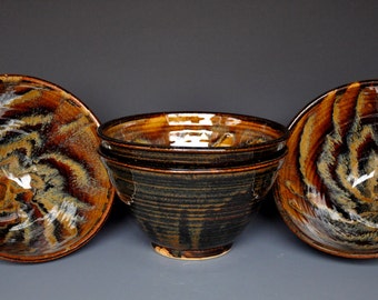 Set of 4 Pottery Bowls Ceramic Salad Bowl Dark Umber Miso Bowl