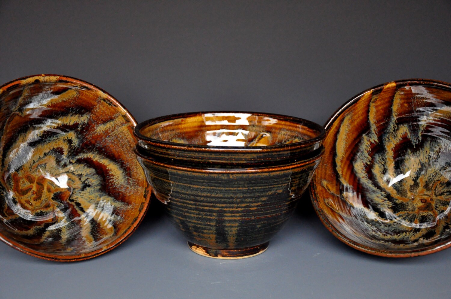 Set of 4 Pottery Bowls Ceramic Salad Bowl Dark Umber Miso Bowl
