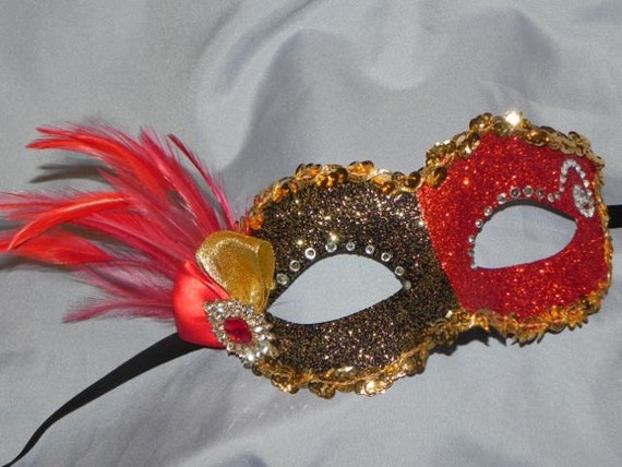 Red Black and Gold Glitter Masquerade Mask with Rhinestone