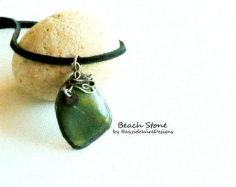 Statement Necklace, Personalized,Green, Beach Stone, Rustic, Hipster, Bohemian, Nautical, Beachy, Leather, Gift Idea, Unisex