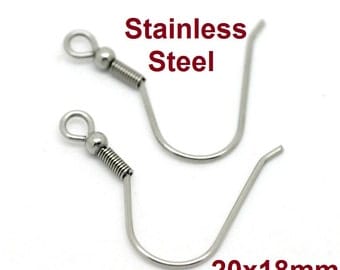 50 or 100 pcs 304 Stainless Steel Earring Hooks with Spring and Ball - 18x20mm